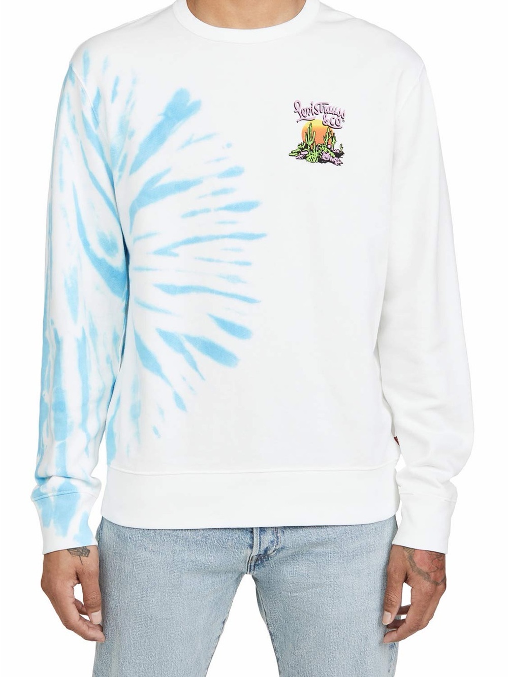 Levi's White & Light Blue Tie-Dye Crewneck Sweater with Chest Graphic